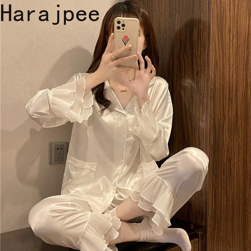 

Harajpee Women Pajamas Long Sleeve Suits Ruffle Princess Homewear Korean Ins Solid All-match Soft Spring Autumn New Sleepwear