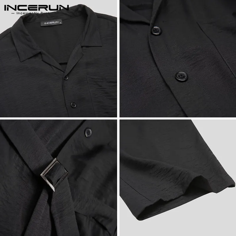 

INCERUN Fashion Men Jumpsuit Solid Color Chic 2021 Casual Shortsleeve Button Cargo Overalls Pants Loose Mens Rompers Streetwear