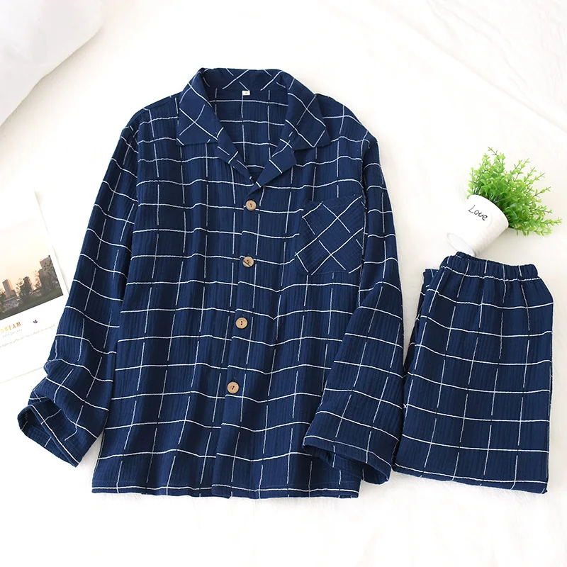

Autumn Japanese Couple Pajamas Women Long Sleeve Cotton Cartoon Printing Sleepwear Loungewear Crepe Fabric Plaid Pijama Mujer