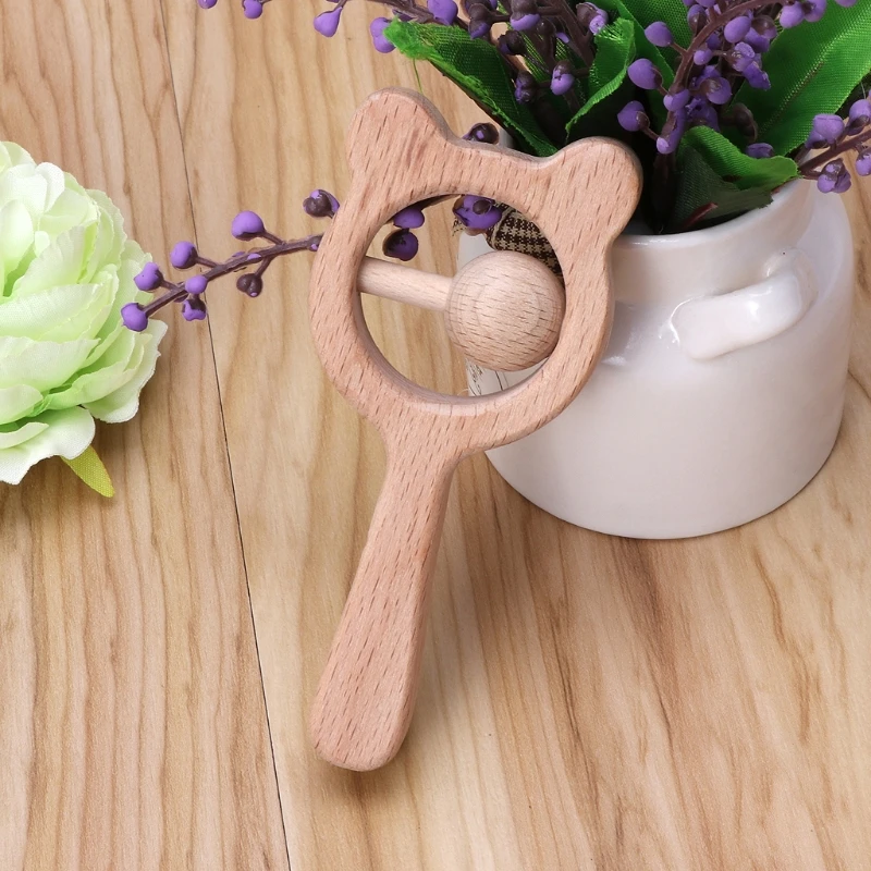 

Baby Beech Wood Bear Teething Ring Baby Rattles Teether Play Gym Montessori Toys