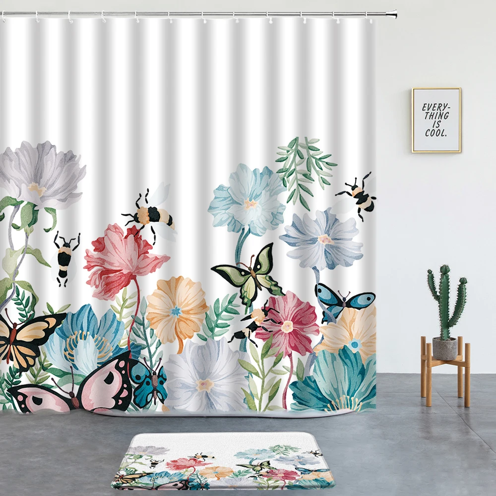 

Flowers Butterfly Shower Curtains Set Bath Mats Floral Watercolor Bathroom Decor Screen Entrance Door Mat Non-slip Rugs Carpet