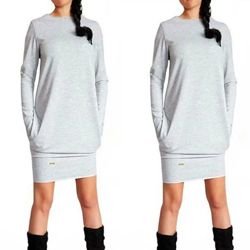 

Womens Long Sleeve Tunic Solid Knitted Long Sweater Jumper Winter Dress Warm Top