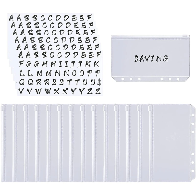 

15Pcs Binder Pockets A6 Size 6 Holes Zipper Binder Folders PVC Loose Leaf Bags and 6 Sheets Letter Sticker Labels
