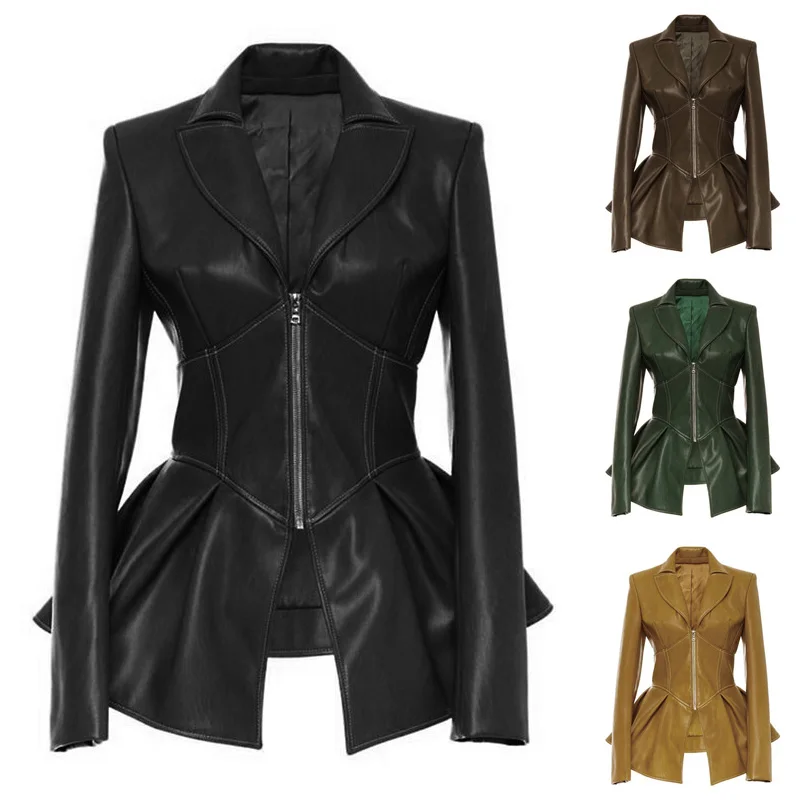 

Fashion Ladies Jacket Black Gothic Leather PU Jacket Ladies Spring Autumn Motorcycle Long Sleeve Jacket Solid Color Streetwear