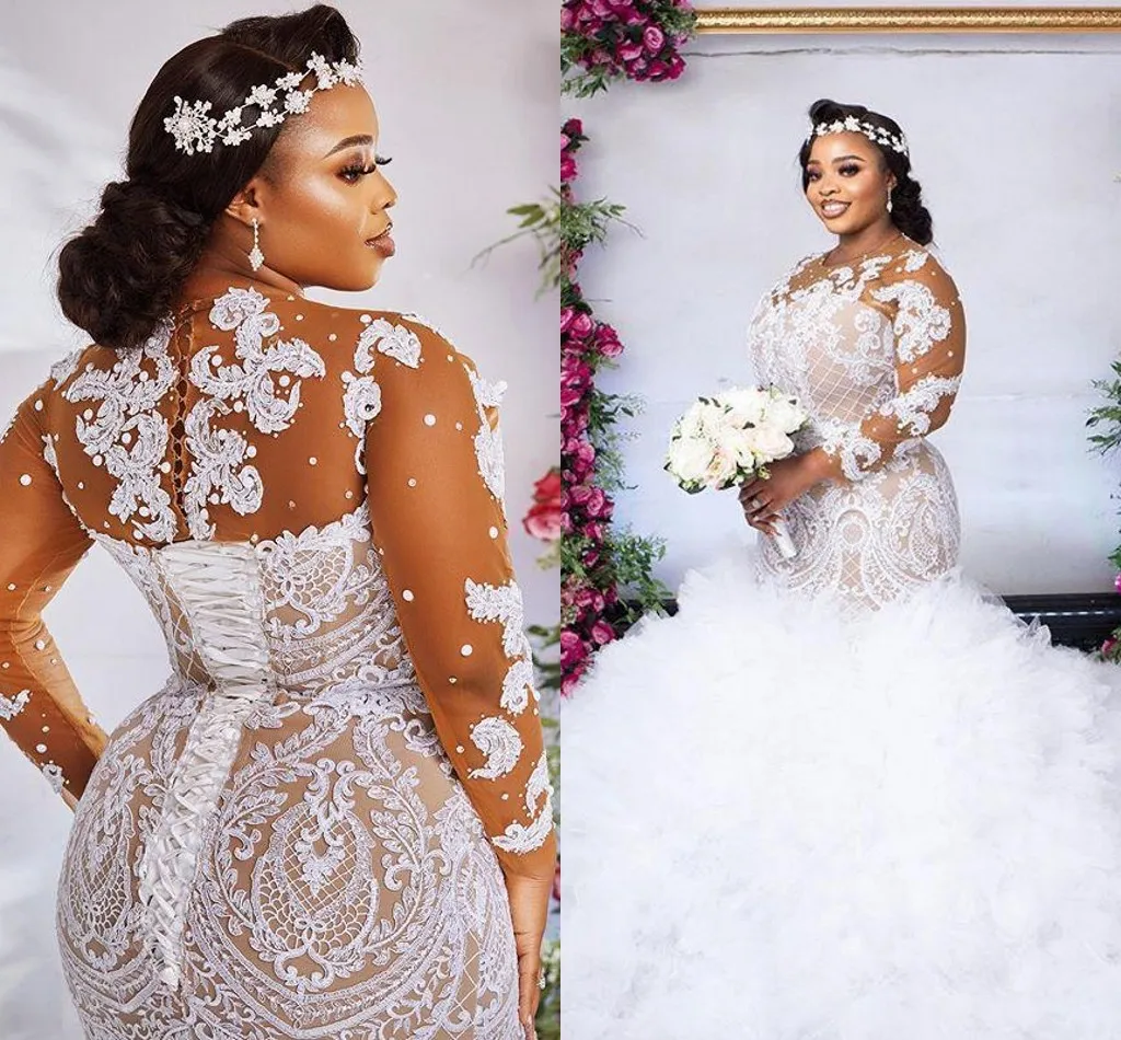 

Plus Size Illusion Long Sleeve Wedding Dresses 2021 Sexy African Nigerian Jewel Neck Lace-up Back Mermaid Applique Bride Gowns