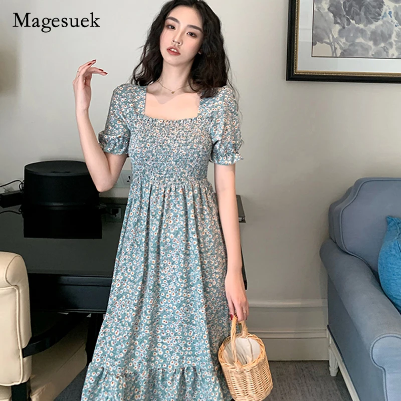 

Korean Sweet Elastic Waisted Floral Dress Elegant Summer Party Dress Chiffon Fairy Square Collar Maxi Dresses Robe Femme 14950