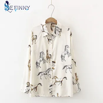 Women Horse Print Turndown Collar Satin Blouse Female Long Sleeve Shirt Casual Lady Loose Tops Blusas 1