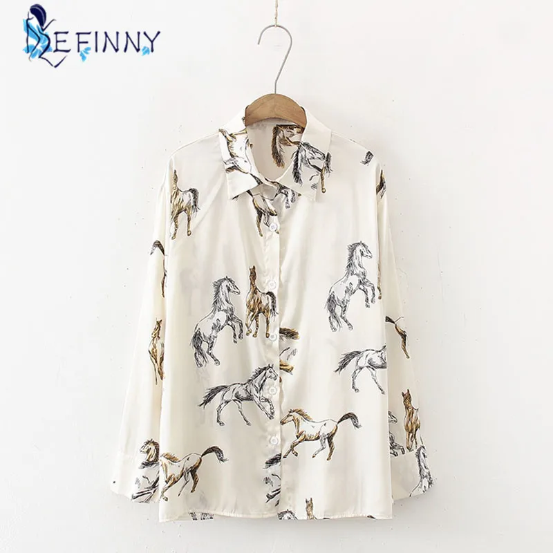 Женские ботильоны из конского с отложным воротником и принтом сатиновая блузка