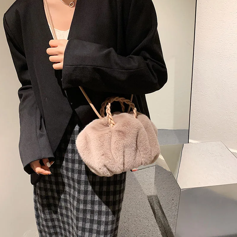 RIGHTSIDE Rope Handle Faux Fur Small Totes for Women Winter Designer Crossbody Bags Travel Branded Trendy Shoulder Handbag