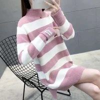 2021 autumn and winter new plus fat plus size womens lazy high necked striped stitching thickening comfortable warm sweater