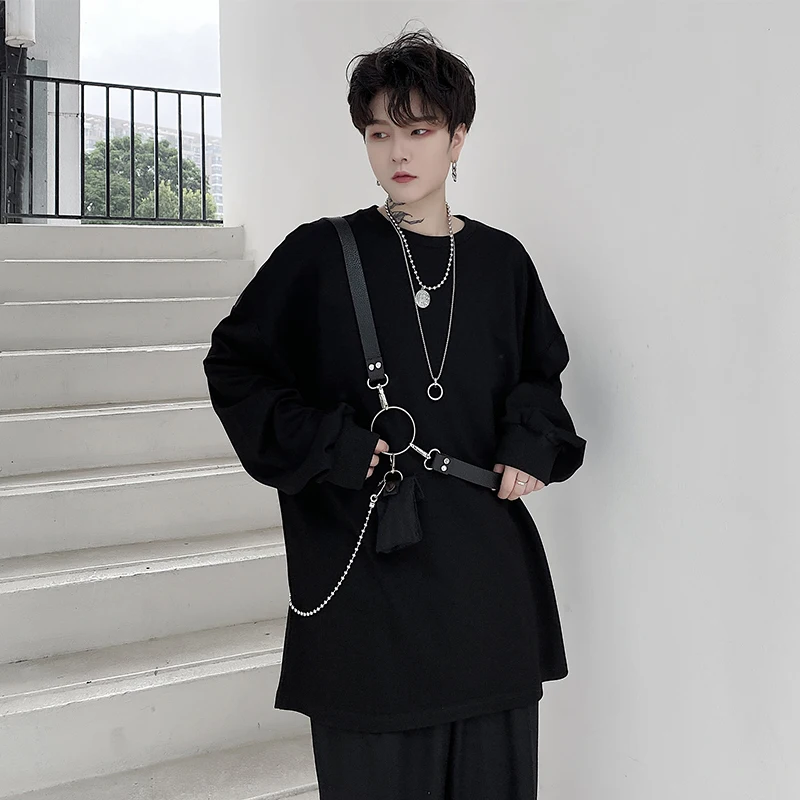 

Spring autumn men leather bandage chain oversized hoodie punk hip hop sweatshirt man vintage street wear korean style