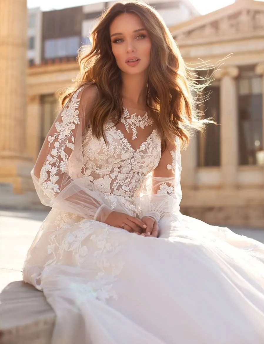 

Vestidos de novia Long Sleeves Wedding Dress Boho Lace Appliques Sweep Train Bride Dress