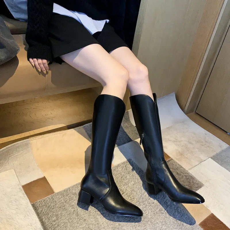 

Genuine Leather Tight High Boots For Women Winter Heels Side Zipper High Heels Shoes Woman Party Basic Knee High Boots