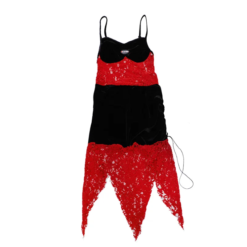 

[DEAT] Lace And Black Sleeveless Strapless Dress For Women Mid Calf Sheath High Street Style New Fashion Tide 2021 Spring GD1112