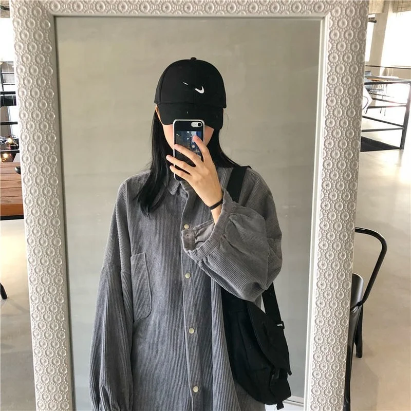 

Deeptown Vintage Corduroy Shirts Women Button Up Ladies Tops Korean Style 2021 Fashion Long Sleeve Blouses Mid-length Solid Chic