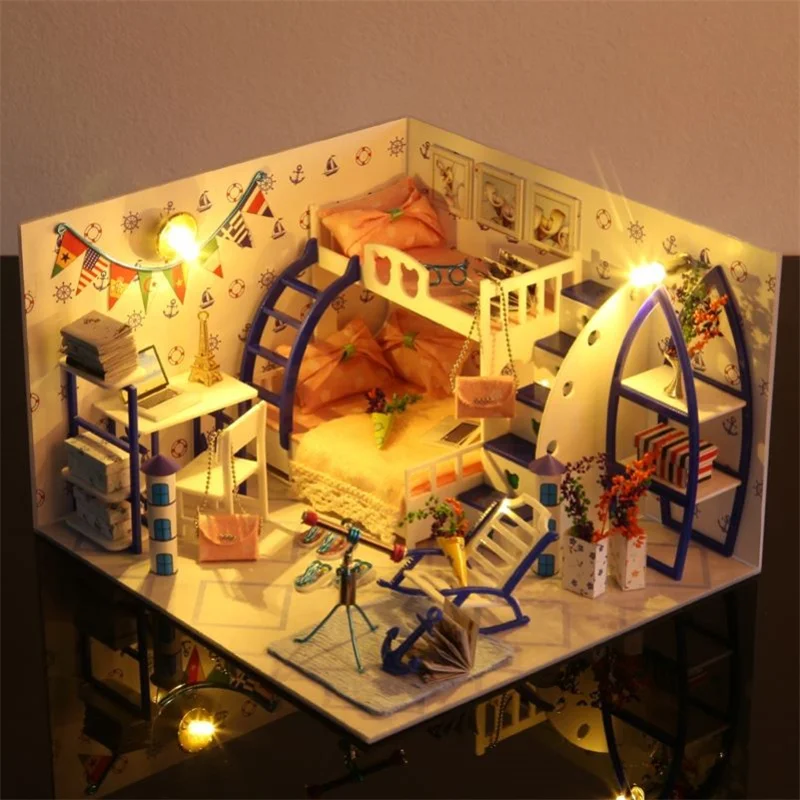 

DIY Wooden Miniature Furniture for Dolls Hand Assembled Dollhouse Tiny House Toys Doll House with Light Kit for Birthday Gift