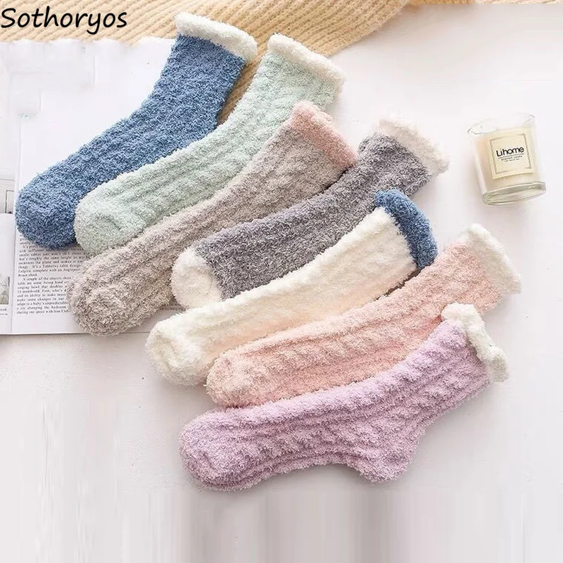 

Winter Coral Fleece Socks Women Warm Middle Tube Hosiery Female Home Plus Velvet Breathable High Quality Cute Sock 4 Pcs Comfort