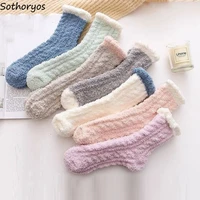 winter coral fleece socks women warm middle tube hosiery female home plus velvet breathable high quality cute sock 4 pcs comfort