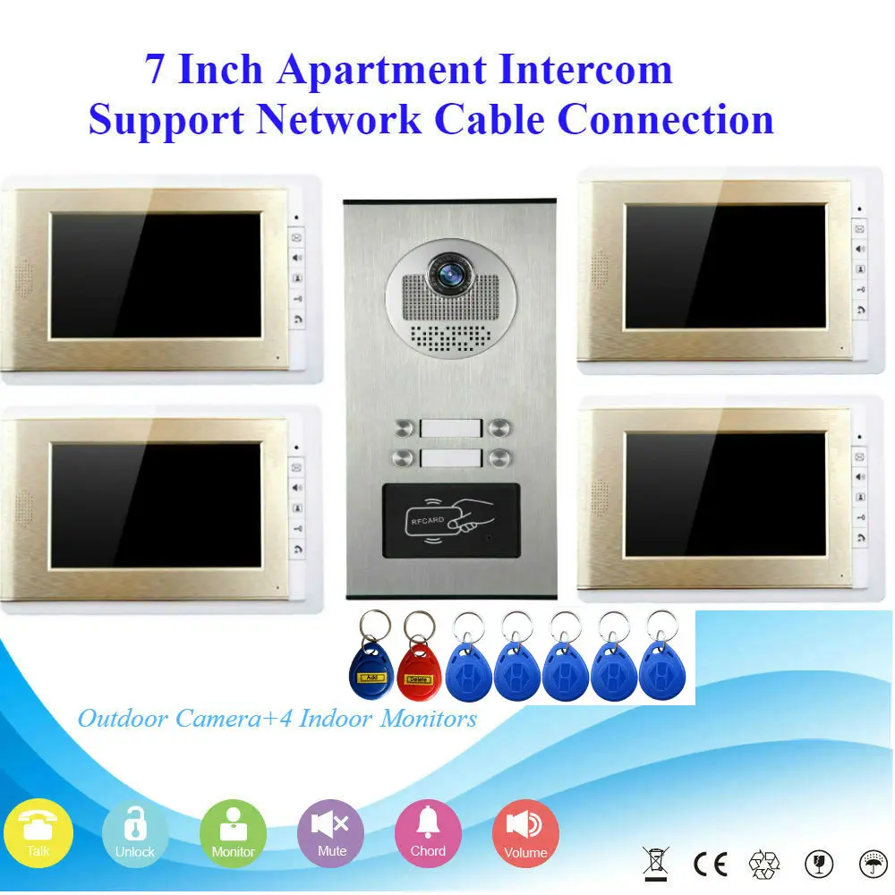 

Apartment 4 Units Wired Video Door Phone Audio Visual Doorbell Intercom Entry System Home Security Door Accessories