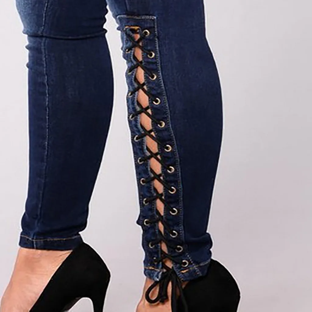 Сексуальные рваные женские джинсы с высокой талией однотонные пуш-ап синие