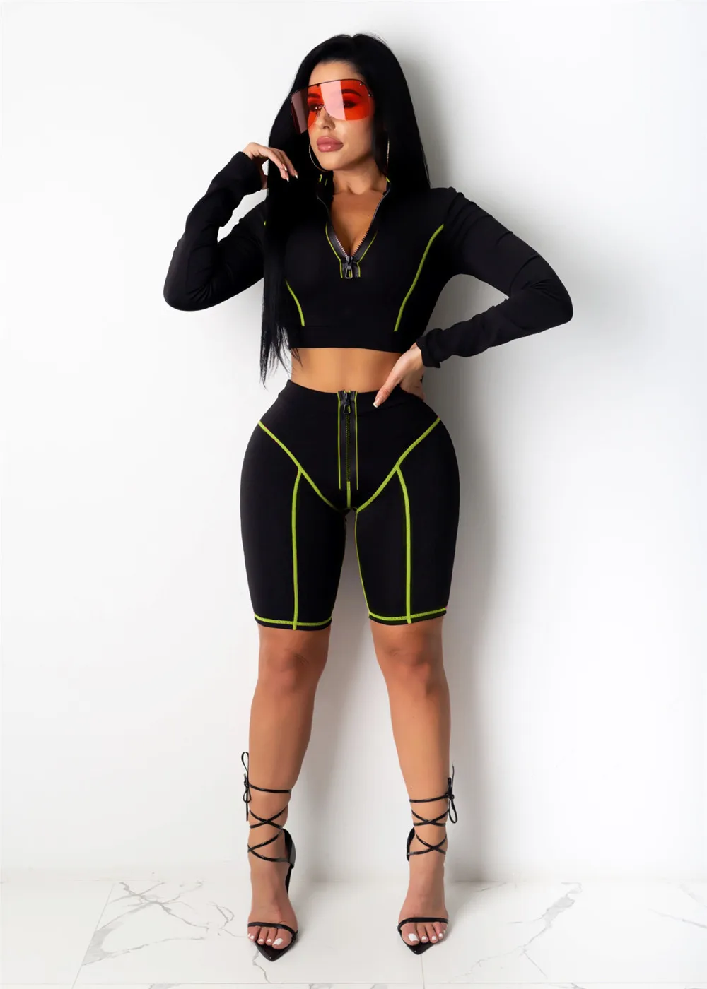 Fitness 2 Piece Set Tracksuit Women Long Sleeve Zipper Crop Top and Biker Shorts Set Workout Sporty Active Wear Matching Sets
