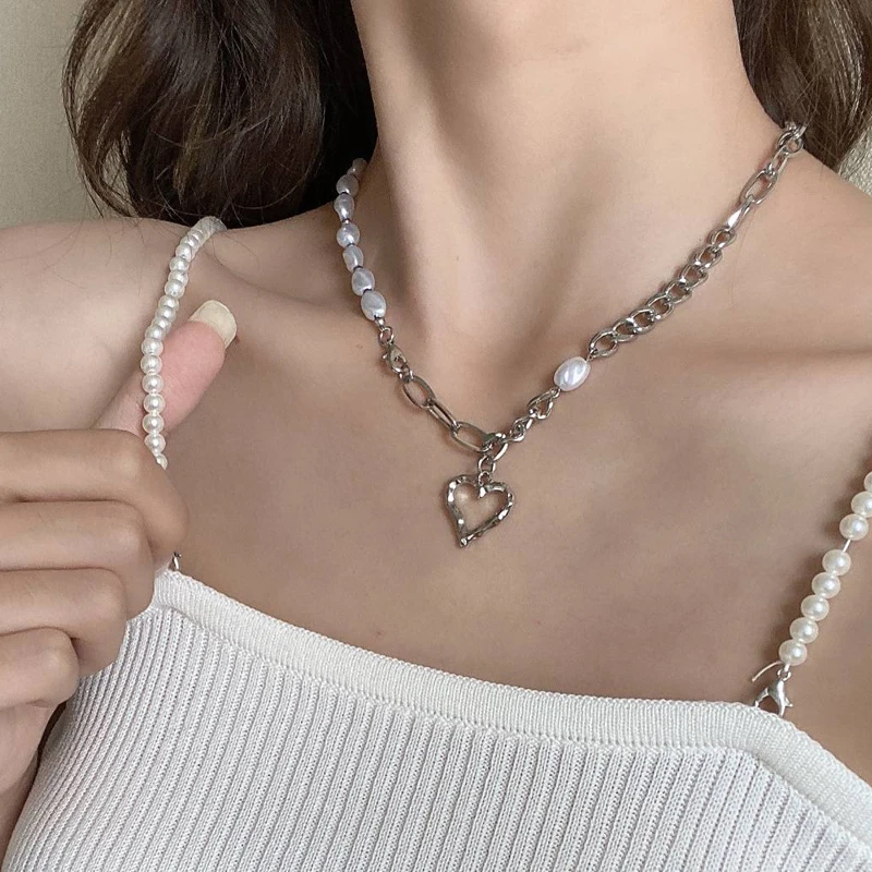 

Fashion Imitation Pearl Thick Chain Pendant Necklace Korean Geometric Baroque Pearl Metal Chain Collar Chocker Necklaces Women