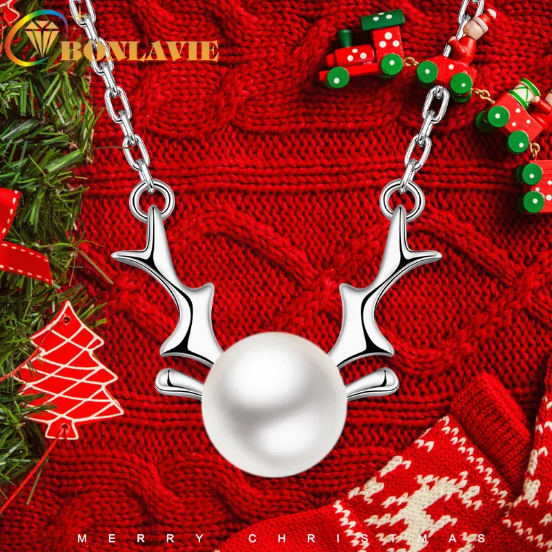 

BONLAVIE Christmas Antler Imitation Pearl Silver Necklace Female Mori Clavicle Chain Simple Hipster Women Jewerly