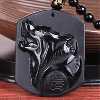 natural black obsidian carving wolf head amulet pendant free necklace obsidian blessing lucky pendants fashion jewelry gift box