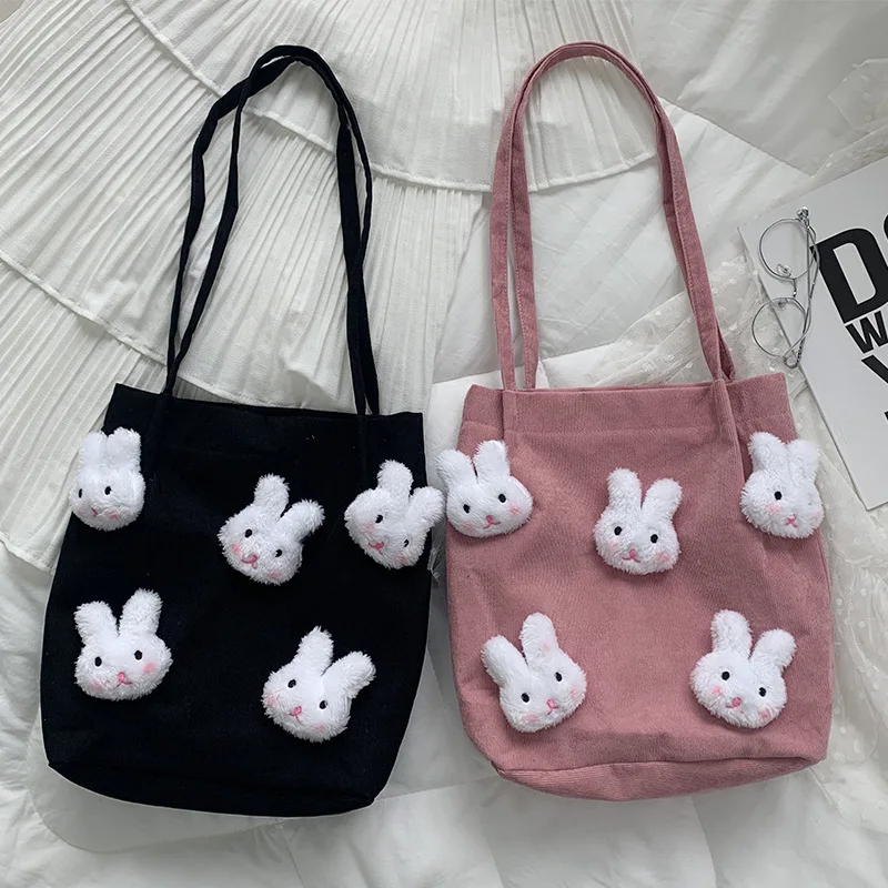 

Women's Cloth Shopping Bags Student Girls Cute Rabbit Book Tote Handbags Large Capacity Female Corduroy Shoulder Shopper Bag