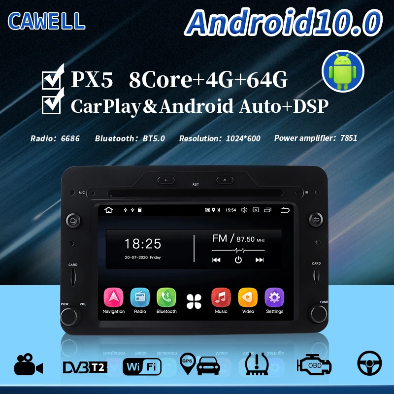 Автомобильный мультимедийный плеер Cawell Android 10 Carplay PX5 8 ядер 4 + 64 ГБ для Alfa 159 Sportwagon