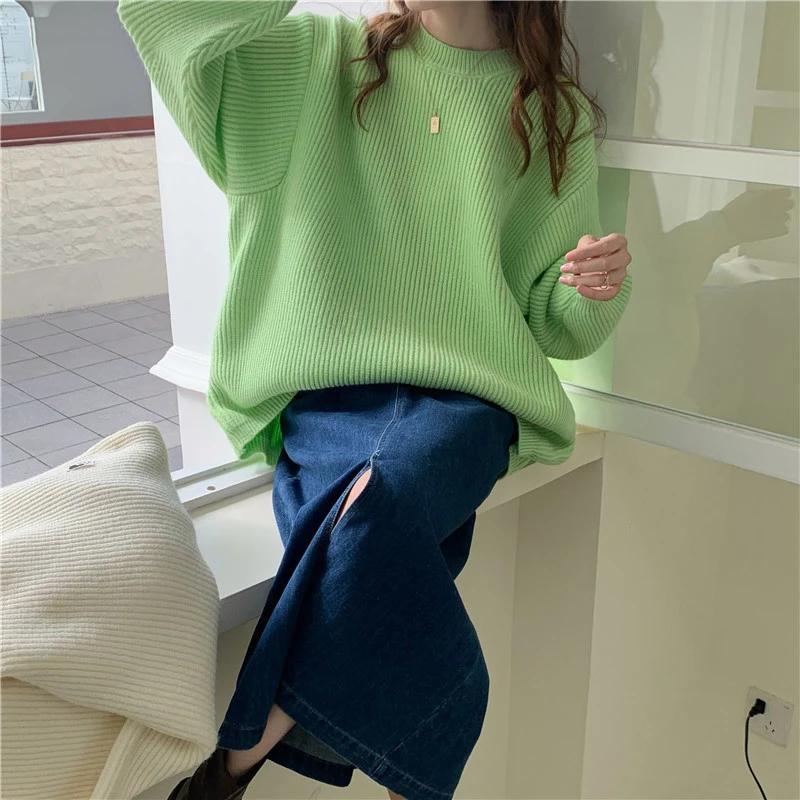 

Autumn Winter Solid Knitted Sweater Women Warm Oversized Pullovers Vintage Soft Casual Knitwear Female Jumpers