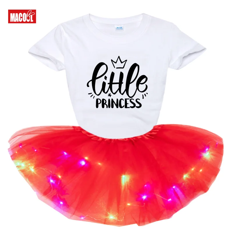 Toddler Girls Clothes Sets Kids Baby Infant Clothing Girls Short Sleeve T-shirt Tops Luminous Print Skirts Dress Fall Outfit Set