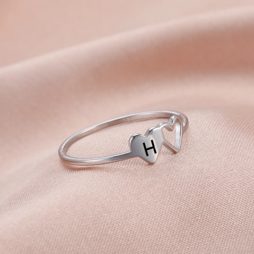 Skyrim Minimalist Double Hearts Initial Letter Rings Women Stainless Steel A-Z Alphabet Trendy Ring 2022 Fashion Jewelry Gift | Украшения и