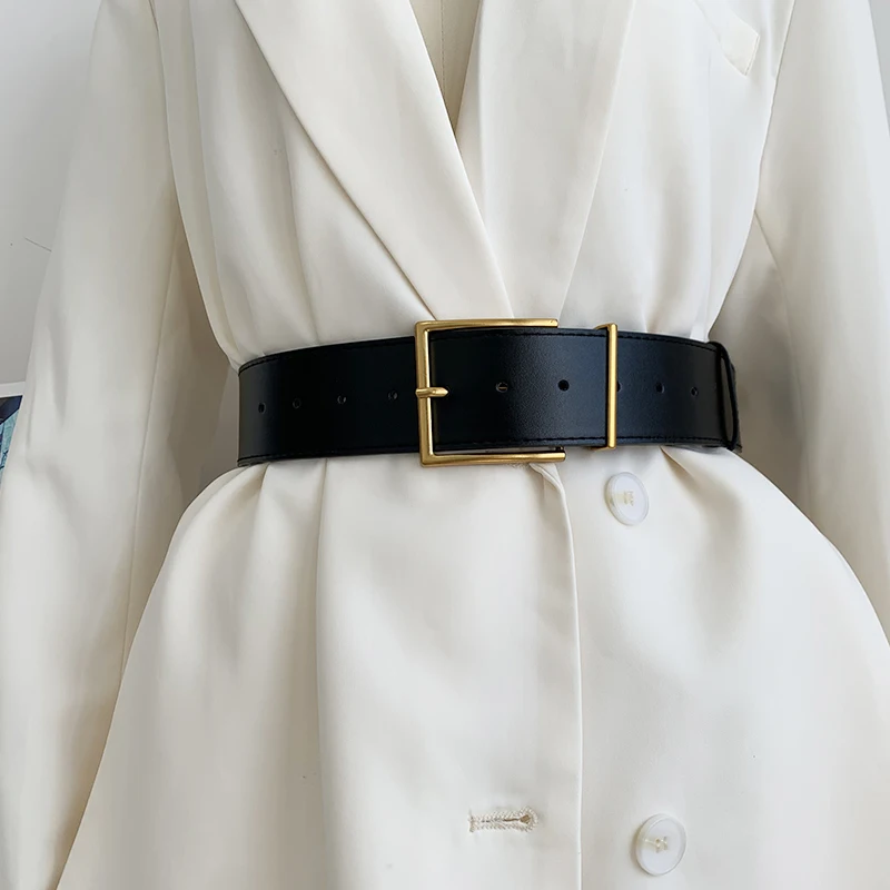 

Women's Fashion Black Wide Belt Square Pin Buckle Imitation leather Waist Strap Decorative Coat Dress Simple Dress Waistband