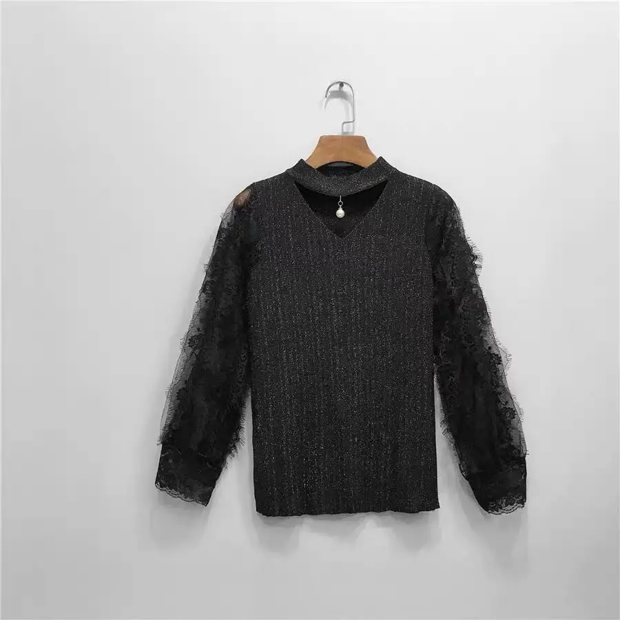 Черный ALPHALMODA Новая мода кружевной фонарь рукав яркий Шелковый вязаный обтягивающий свитер изящный женский милый кружевной свитер Мода Outfi - Цвет: Черный