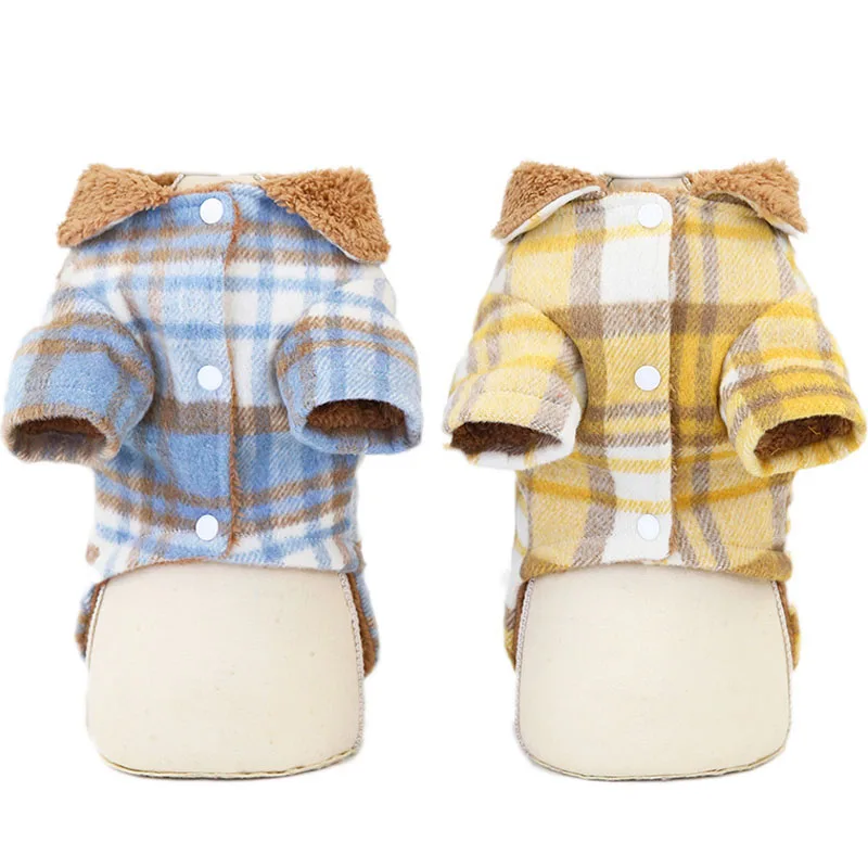 Plaid Dog Winter Clothes Long Sleeve Warm Cat Coat Fleece Lapel Woolen Cloth Pet Outfit Clothing Yellow/Blue Pets Apparel Poodle | Дом и сад