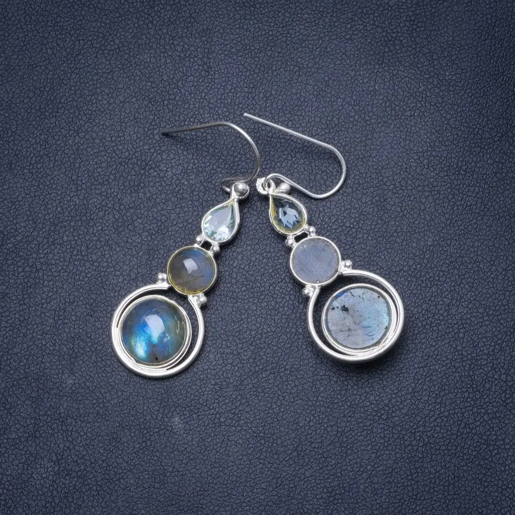 Natural Blue Fire Labradorite and Topaz Handmade Unique 925 Sterling Silver Earrings 1.75&quot Y1486 | Украшения и аксессуары