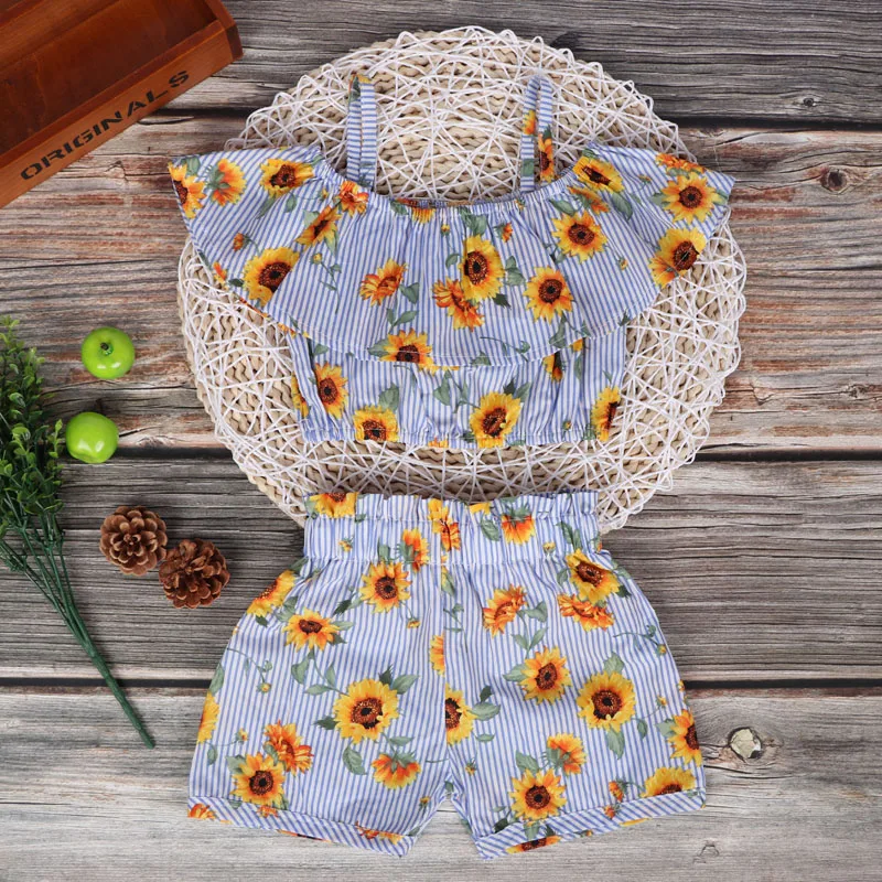 Дети детские летние комплекты для девочек футболки шорты с цветочным принтом 2