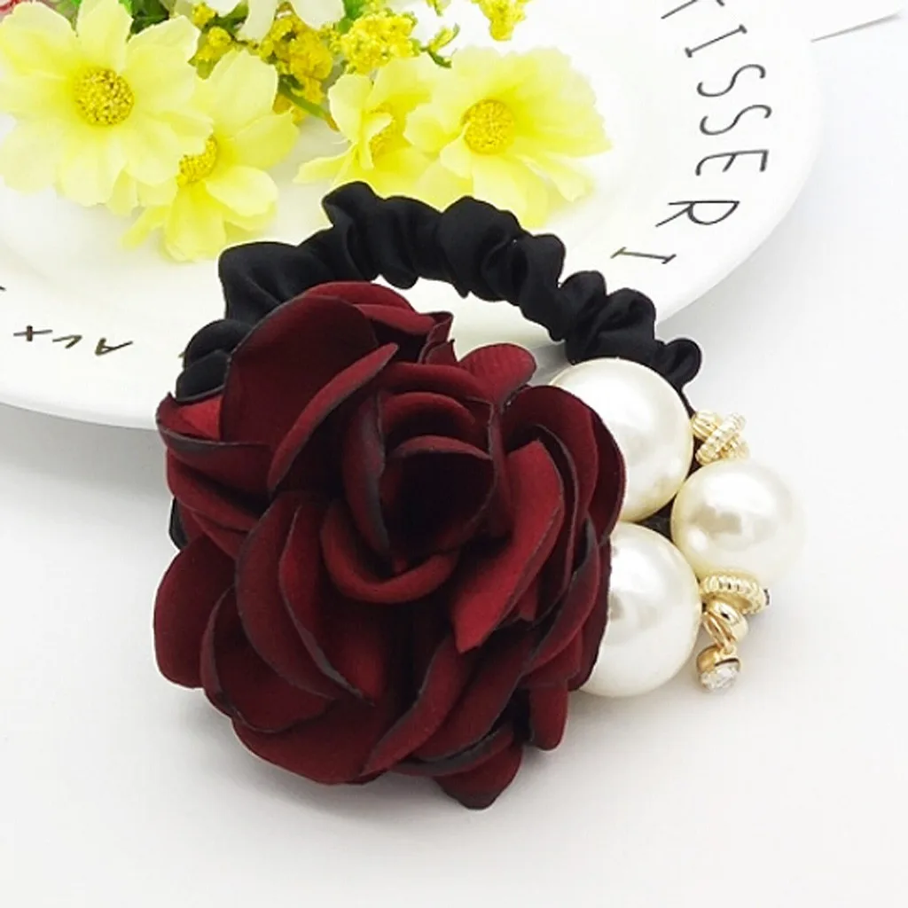 Женские резинки для волос с цветами роз и жемчугом Стразы девушек резинка кольцо