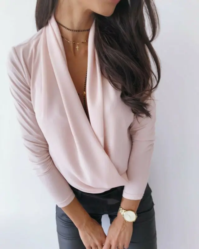 

Fashion Womens Solid Long Sleeve Deep V Neck Casual Loose Plus Size Blouse Tops Autumn Outfits