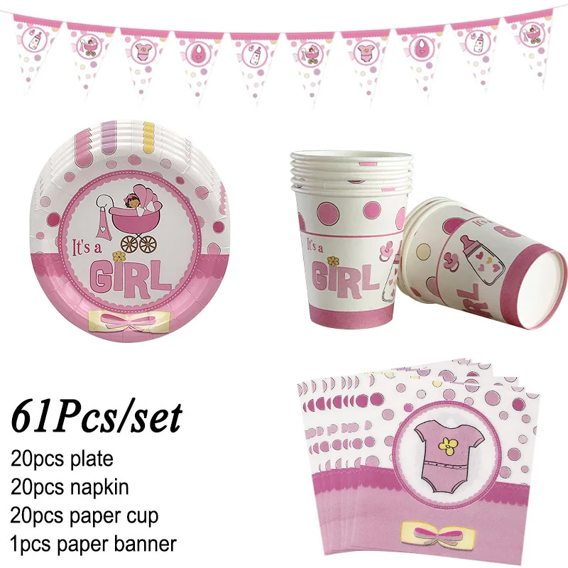 61pcs girl set 61 шт./компл. детская душевая посуда наборы бумажные тарелки стаканчики день рождения девочка мальчик украшение душевой кабины сувениры пол раскрывает - Цвет: 61pcs girl set
