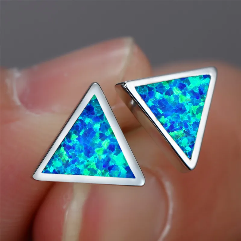 

Minimalist White Blue Opal Earrings Simple Fashion Triangle Small Stud Earrings Vintage Silver Color Wedding Earrings For Women