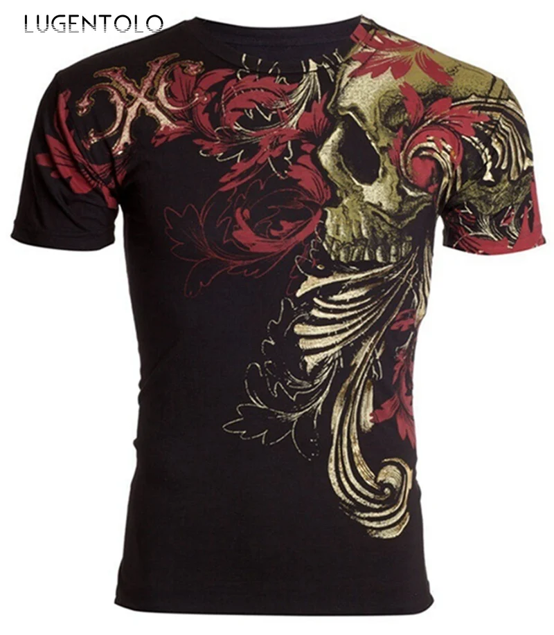 

T-shirt Men's Casual American Skull Printed Top Short Sleeve O-neck Large Size Straight Street T-shirts Lugentolo