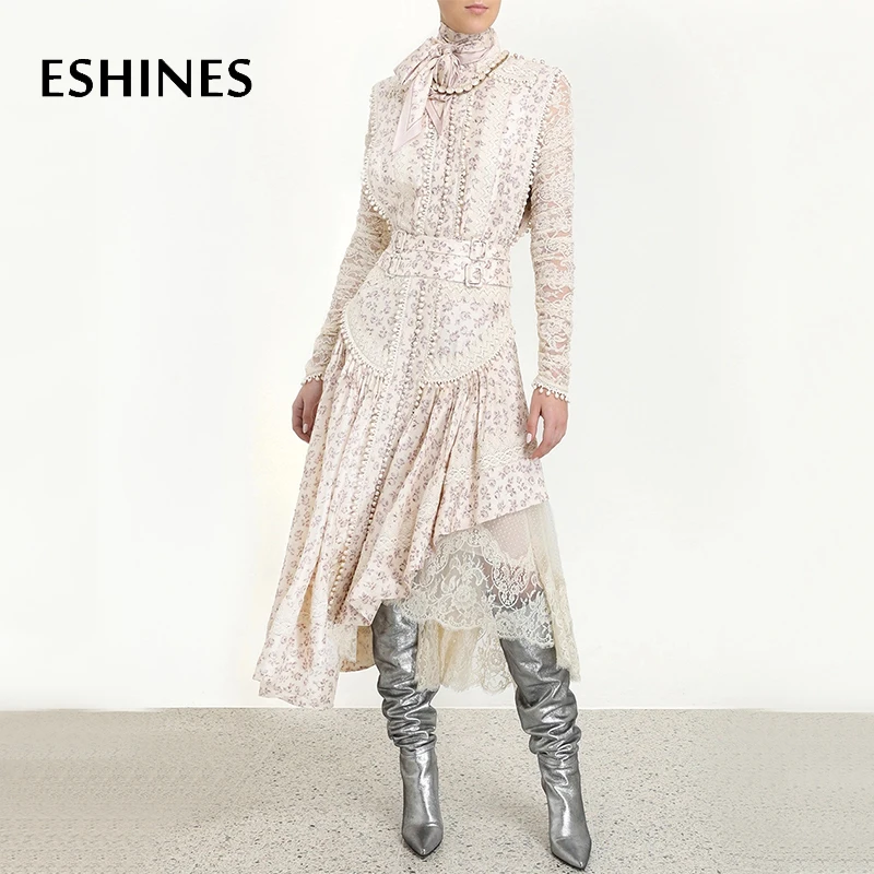 ESHINES Европейский роскошный абрикосовый цветочный принт миди платье ранний сезон осень со стоячим
