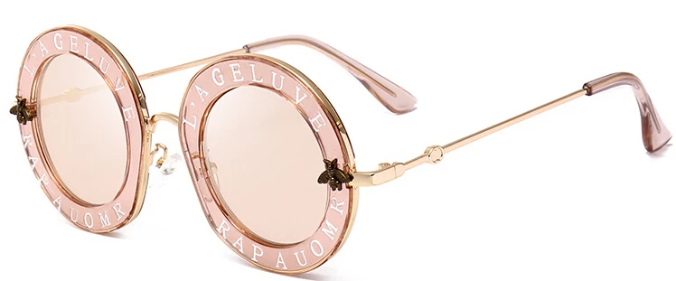 Champagne pink Ретро Круглые Солнцезащитные очки женские брендовые дизайнерские английские буквы пчела металлическая оправа Круглые Солнцезащитные очки для женщин - Цвет линз: Champagne pink