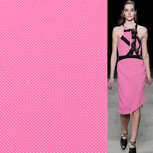 Мини Белый принт в горошек на Розовом Шелковом крепдешине шелковая ткань SCDC1024 |