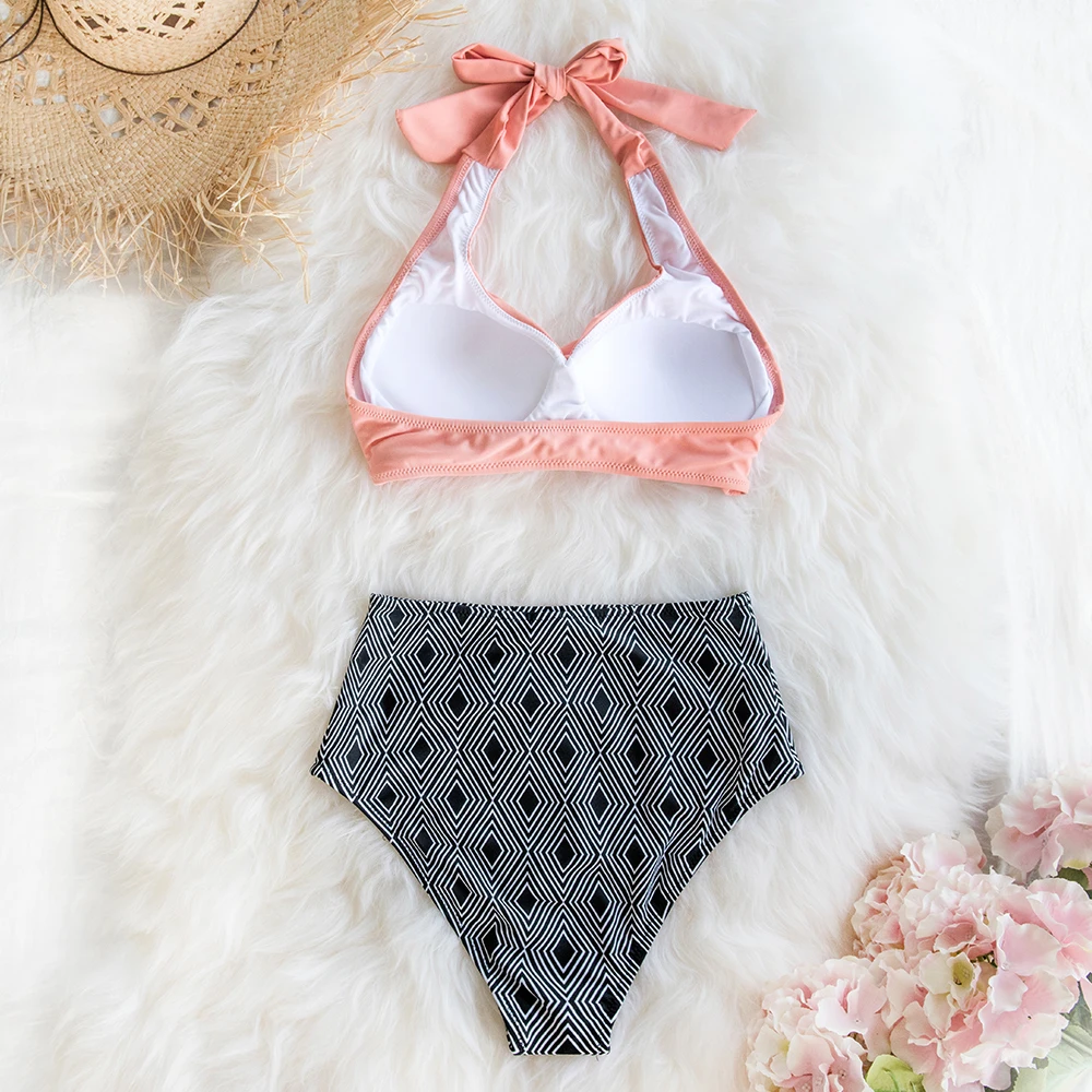 Pink Twisted Halter Bikini With Geometric Print High-waisted Sexy Lace Two Pieces Swimwear Women 2020 Beach Bathing Suits | Женская