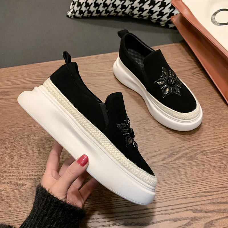 

Platform Shoes Woman Heels Net Women Slipon Flat Shoes 2021 Spring New Genuine Leather Office Lady Summer Shoes For Women