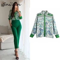 green paisley print satin shirts summer fashion office ladies blouse za 2021 vintage chic tops female casual sobrecamisa mujer