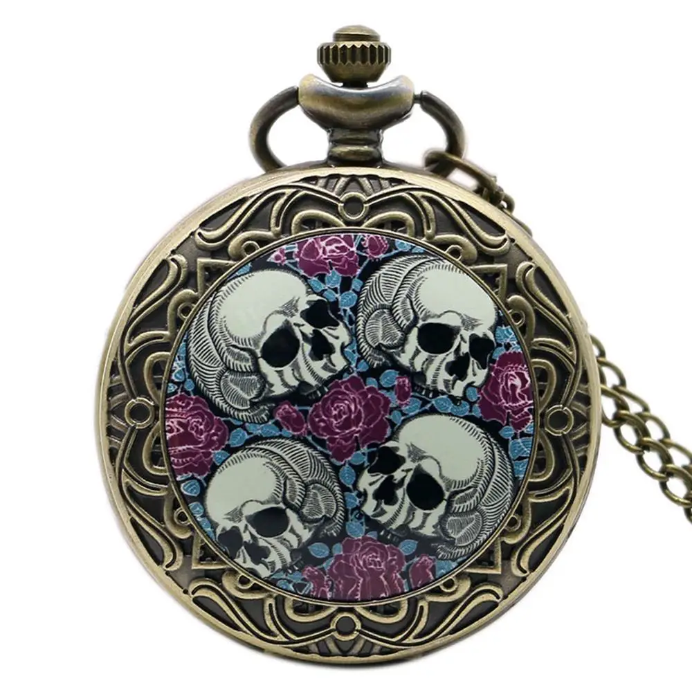 

Retro Bronze Four Skull Heads & Rose Flowers Quartz Pocket Watch Antique Evil Skull Pendant Necklace Chain Gifts for Men Women